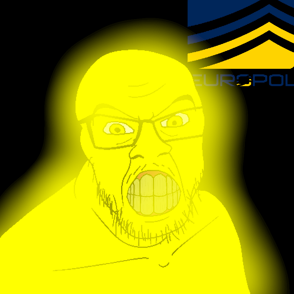 feraljak, glowie, angry, black background, clenched teeth, closed mouth, europolice, glasses, glowing, logo