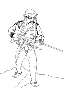 chudjak, albania, angry, chud, clothes, full body, glasses, gun, hair, hat