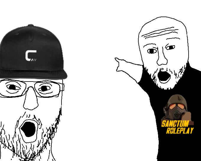 two pointing soyjaks, 2soyjaks, arm, bald, baseball cap, black shirt, cap, claymore gaming, clothes, fallout new vegas