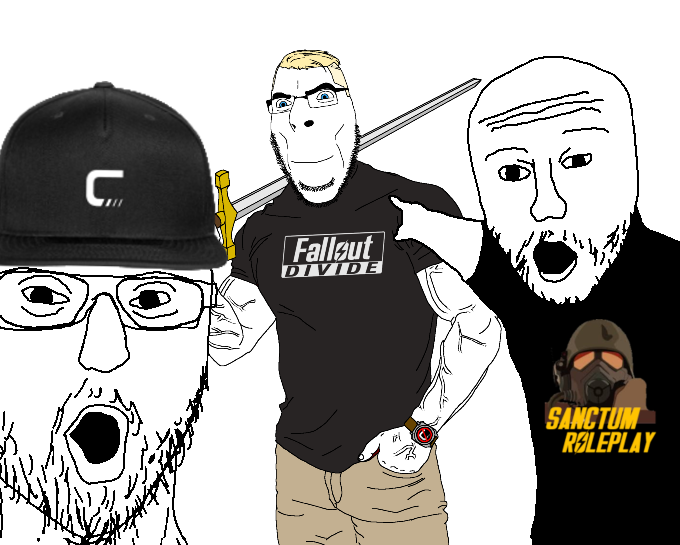 cobson, two pointing soyjaks, 3soyjaks, arm, bald, baseball cap, black shirt, blonde hair, blue eyes, buff