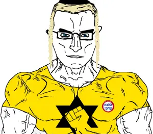 chudjak, chudjak front, muscular chud, badge, blonde hair, blue eyes, buff, closed mouth, clothes, ear