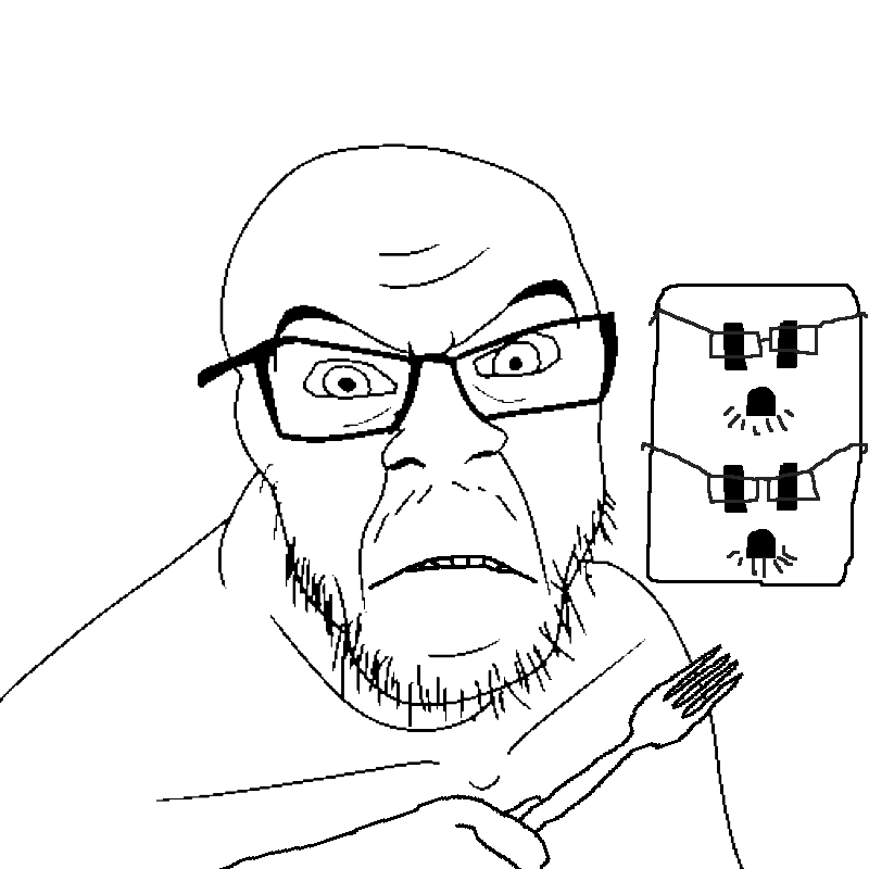 feraljak, animated, arm, bloodshot eyes, closed mouth, drool, electrical outlet, electricity, fork, glasses