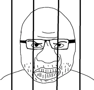 quanjak, angry, big nose, closed mouth, frown, glasses, jail, nose, prisoner, soyjak