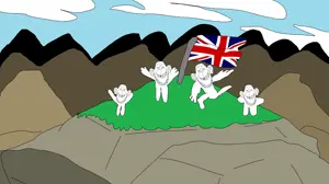 britson, 4soyjaks, bad teeth, closed mouth, country, drawn background, ear, flag, full body, grin
