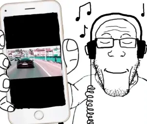 markiplier soyjak, phoneplier vertical, showing phone, andrew tate, animated, calm, headphones, holding object, holding phone, music