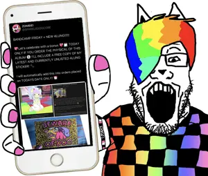 markiplier soyjak, phoneplier vertical, colorjak, showing phone, 4lung, arm, clothes, colorful hair, fangs, furry