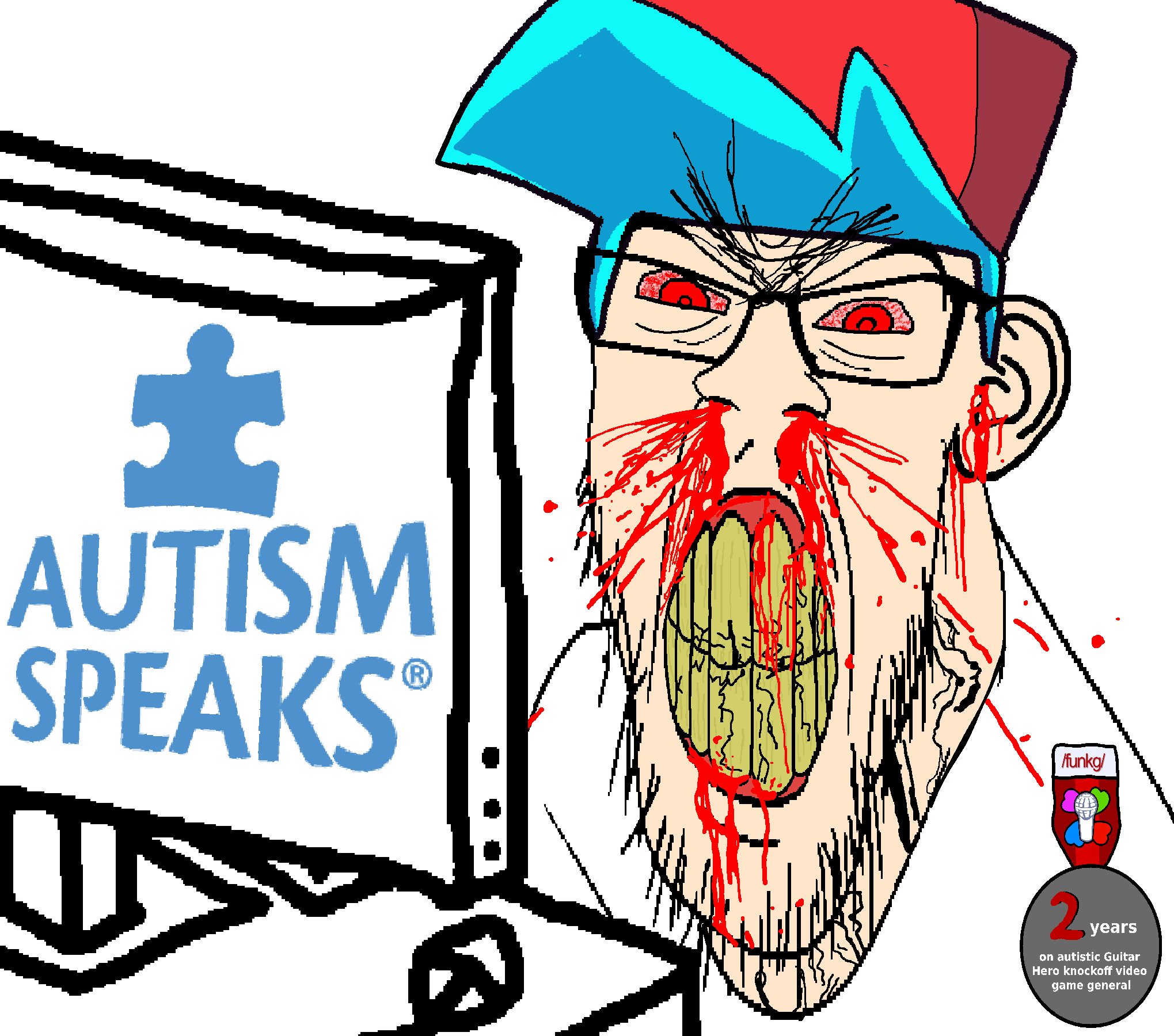 boyfriend (friday night funkin'), feraljak, feralrage, 4chan, angry, autism speaks, badge, blood, bloodshot eyes, blue hair