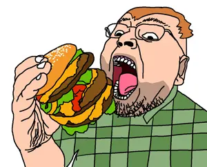 bernd, arm, ear, glasses, hair, hamburger, hands, holding object, lester crest, open mouth
