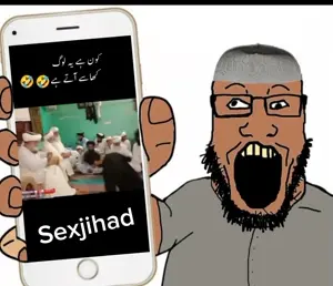 markiplier soyjak, phoneplier vertical, showing phone, allah, animated, arabic text, arm, brown skin, clothes, dance