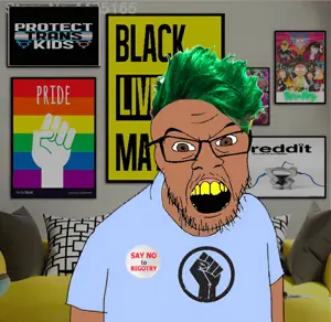 feraljak, angry, antenna, badge, black lives matter, blue shirt, brown skin, clothes, couch, fist