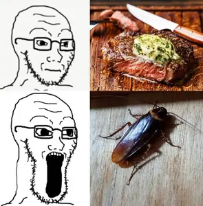 soyak, animal, bug, food, glasses, meat, neutral, open mouth, soyjak, steak
