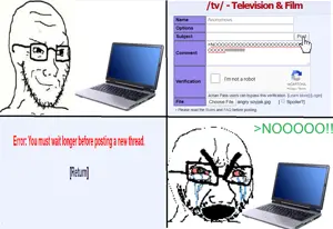 cryboy soyjak, soyak, /tv/, 4chan, angry, anti soyjak, bloodshot eyes, bushy eyebrows, computer, crying