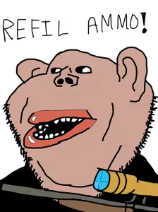 impish soyak ears, impish amerimutt, amerimutt, brown skin, ear, gun, open mouth, sniper rifle, soyjak, stubble