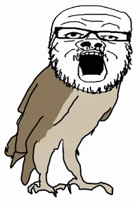 a24 slowburn soyjak, animal, glasses, open mouth, owl, soyjak, stubble