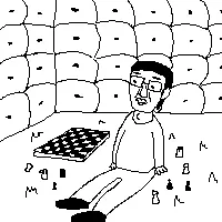 chudjak, chess, closed mouth, drawn background, ear, full body, glasses, hair, padded cell, redraw