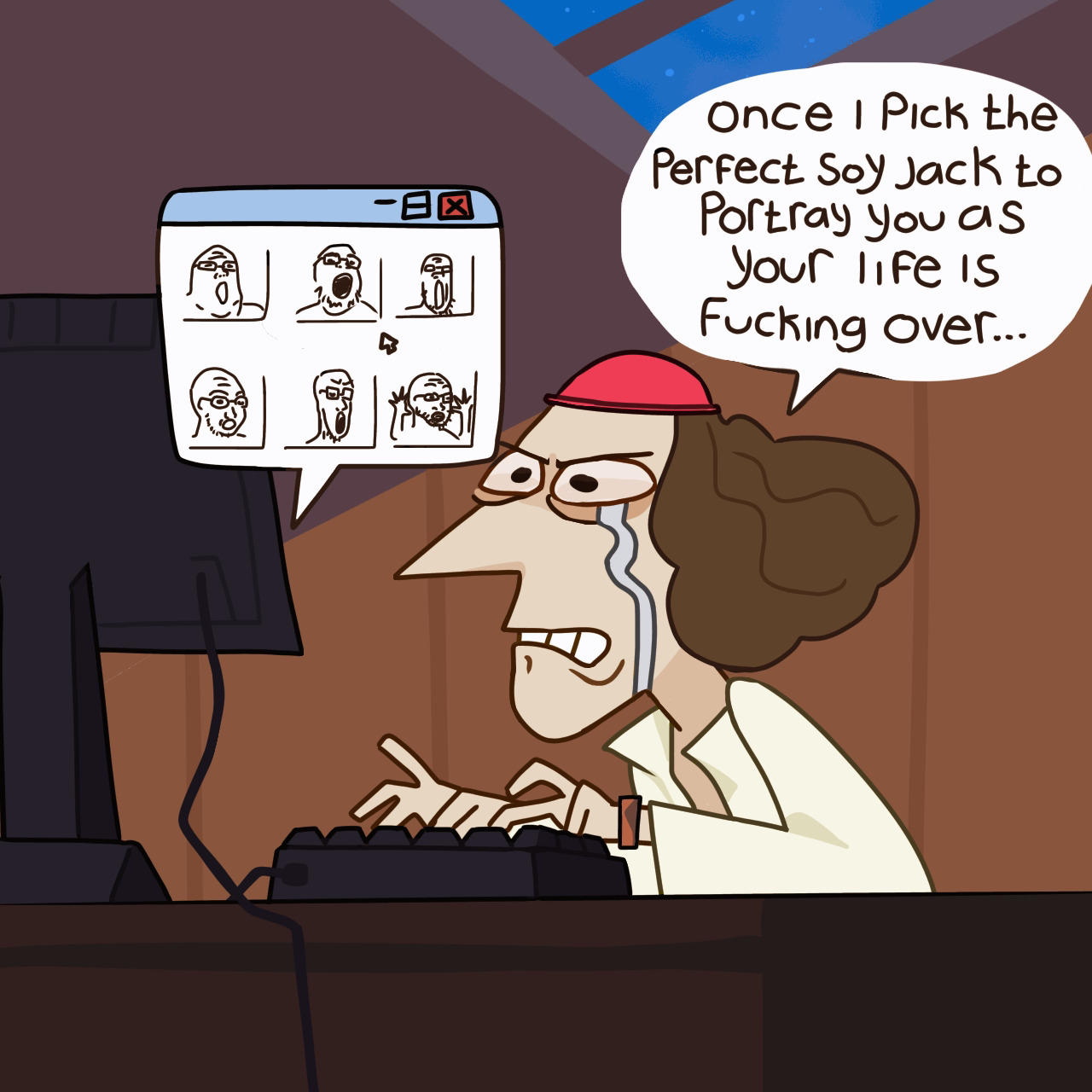 a24 slowburn soyjak, excited soyjak, gapejak, soyak, tony soprano soyjak, arm, armband, brown hair, cartoon, christopher columbus