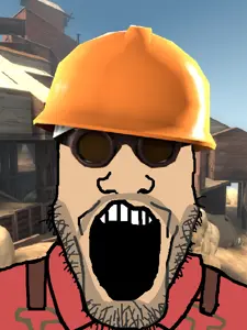 engineer (team fortress 2), markiplier soyjak, clothes, goggles, hard hat, hat, open mouth, soyjak, stubble, suspenders