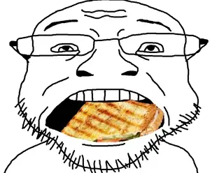 coinjak, eating, food, glasses, open mouth, sandwich, soyjak, stubble