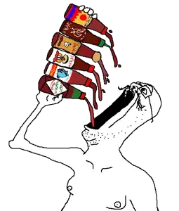 6soylent, arm, bottle, drinking, food, glasses, hands, holding object, hot sauce, mustache