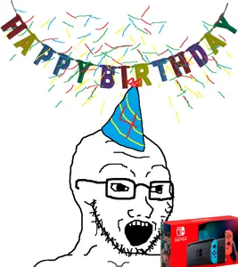 soyak, birthday, clothes, glasses, hat, nintendo, nintendo switch, open mouth, part hat, party