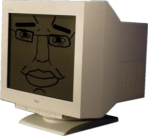 chudjak, chudjak front, closed mouth, computer, crt, glasses, looking at you, monitor, smile, soyjak