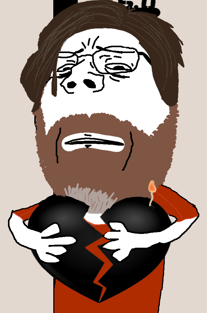gapejak, wholesome soyjak, arm, beard, bomb, broken, brown hair, clothes, eyebrows, glasses