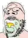 gapejak, baby, glasses, hairy, holding object, katana, pacifier, small eyes, soyjak, stubble