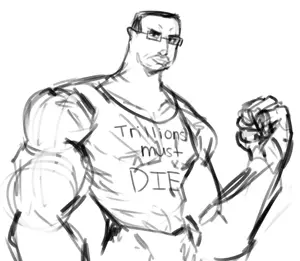 chudjak, angry, arm, buff, closed mouth, clothes, ear, glasses, hair, hands