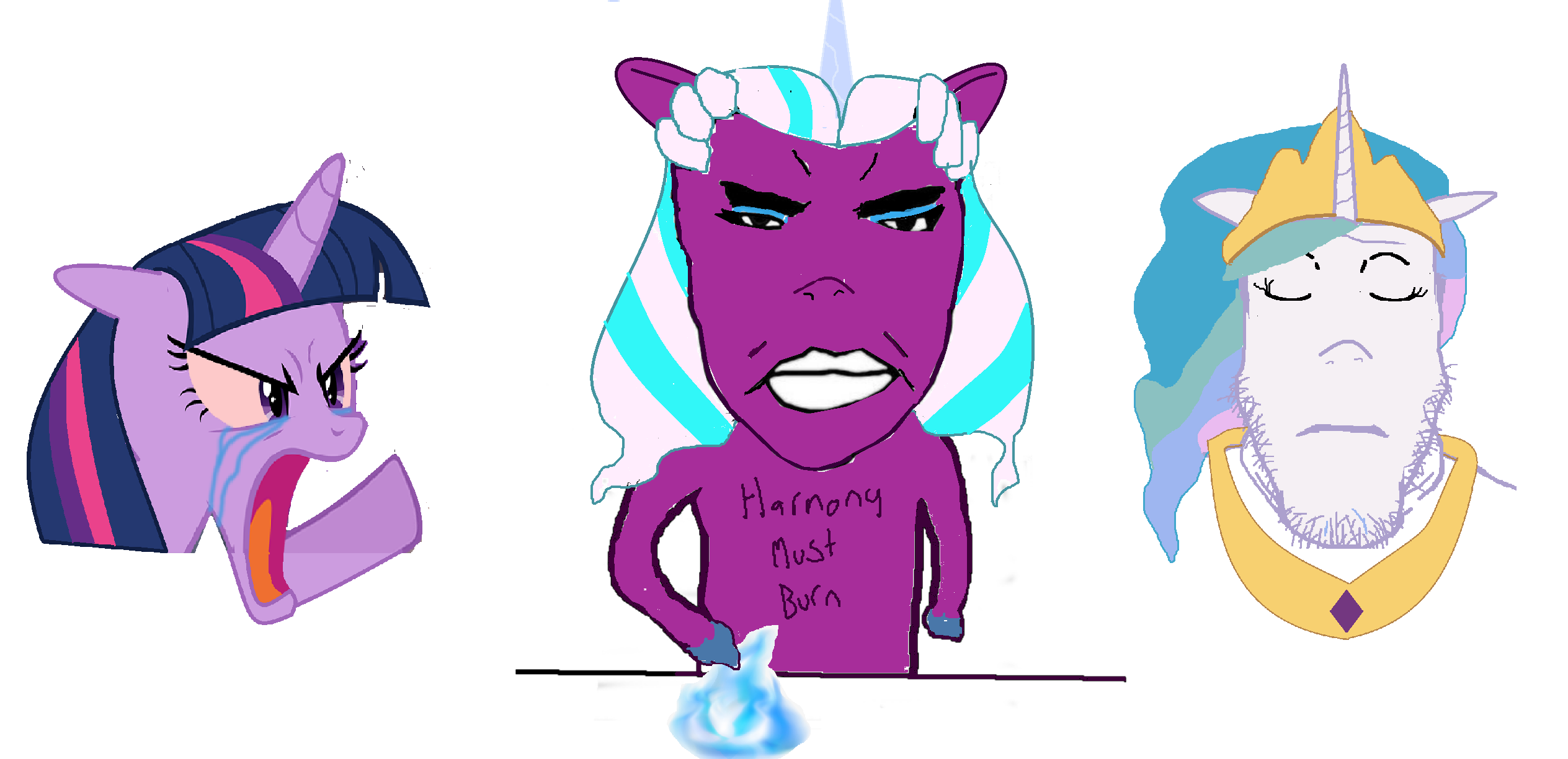 twilight sparkle, chudjak, markiplier soyjak, chudjak front, 3soyjaks, angry, animal, cartoon, closed mouth, colorful hair
