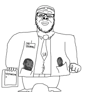 dr. soyberg, gigachad, wojak, a24 slowburn soyjak, gigachadjak, arm, clothes, doctor, full body, gigachad wojak