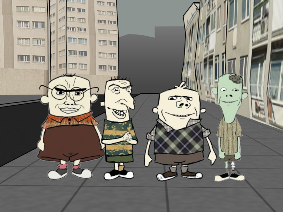 happy merchant, chudjak, impish, impish soyak ears, chudjak front, 3soyjaks, building, cartoon, closed mouth, full body