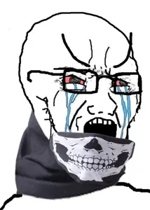 soyak, bloodshot eyes, crying, glasses, large eyebrows, mask, open mouth, siege, soyjak, stubble