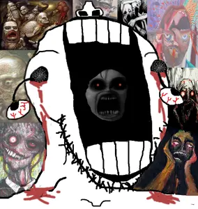 soyak, kekjak, blood, bloodshot eyes, eyes popping, horror, large mouth, nightmare fuel, open mouth, painting