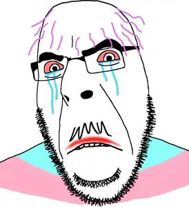 cobson, angry, bloodshot eyes, crying, frown, glasses, hair, mustache, purple hair, soyjak