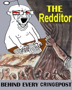 soyak, arm, computer, crying, ear, glasses, open mouth, orange eyes, reddit, redditard