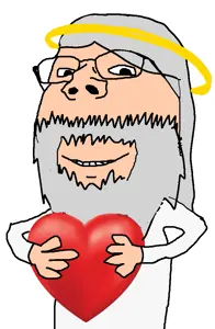 gapejak, wholesome soyjak, arm, beard, clothes, gray hair, hair, halo, hands, heart