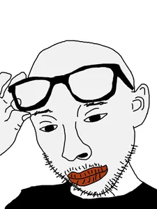 unknown, closed mouth, clothes, ear, glasses, hands, holding object, mustache, soyjak, stubble