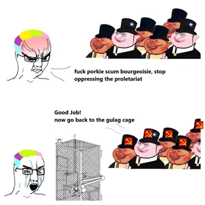 chudjak, bloodshot eyes, cage, communism, dyed hair, glasses, hammer and sickle, porky, star of david, text