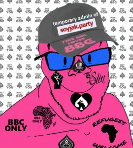 feraljak, closed mouth, clothes, glasses, hat, pink skin, queen of spades, raised fist (symbol), refugees welcome, smile