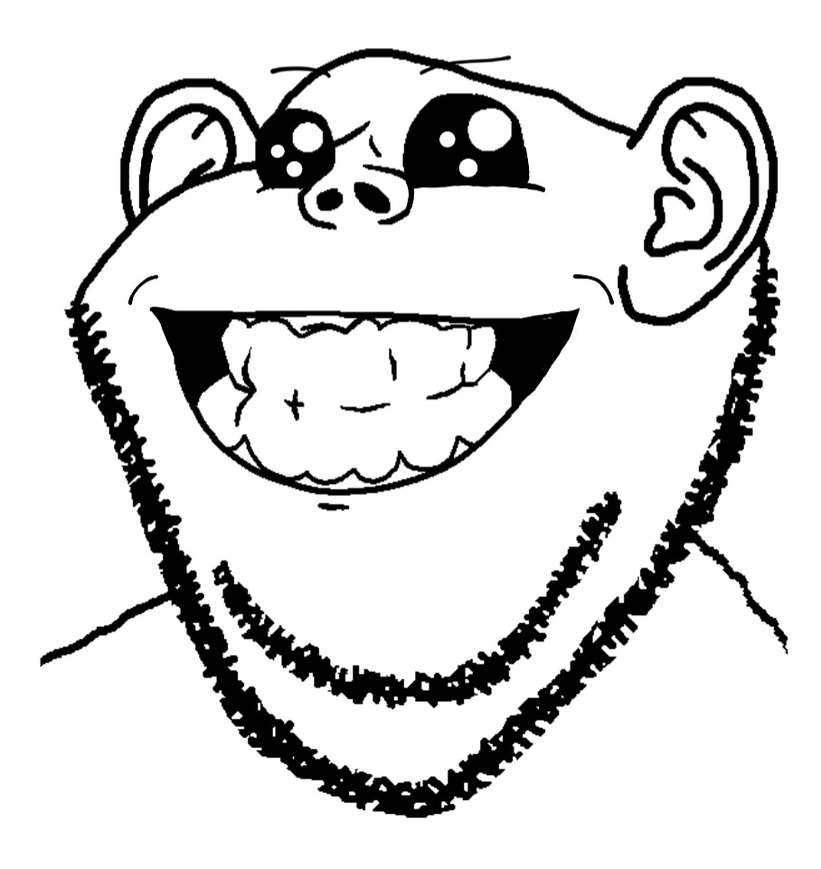 impish soyak ears, 1soyjak, black eyes, closed mouth, ear, eyebrows, grin, monochrome, soyjak, stubble