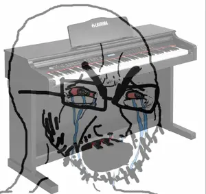 cryboy soyjak, angry, bloodshot eyes, crying, electric piano, glasses, music, open mouth, piano, soyjak