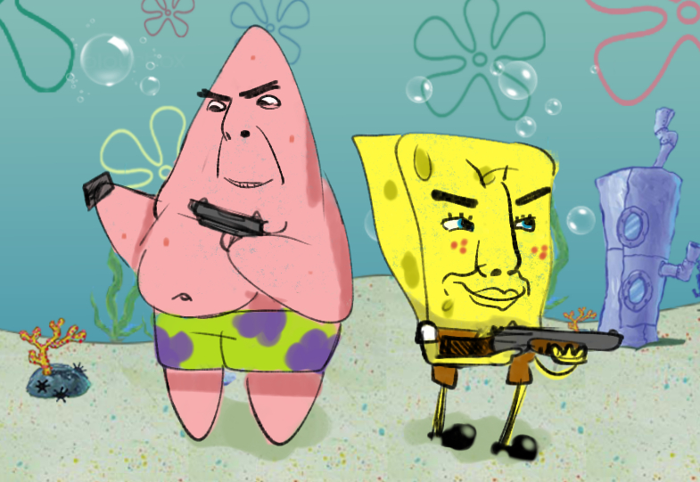 patrick star, spongebob squarepants, chudjak, cobson, 2soyjaks, background, blue eyes, cartoon, closed mouth, drawn background