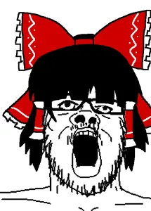 reimu hakurei, a24 slowburn soyjak, anime, glasses, hair, hair ribbon, mustache, open mouth, soyjak, stubble
