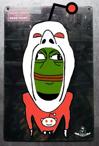 pepe, stella artsois, alcohol, amphibian, animal, antenna, arm, beer, clothes, drink