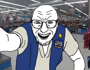 walmartjak, arm, clothes, glasses, irl background, smile, soyjak, stubble, walmart