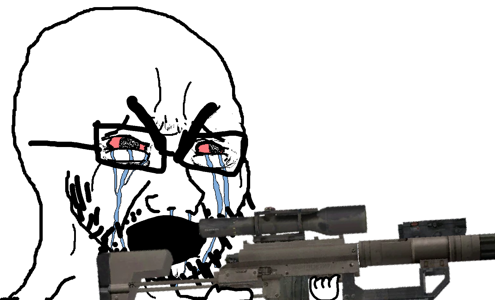 cryboy soyjak, bloodshot eyes, crying, firearm, glasses, gun, hands, holding gun, holding object, holding rifle