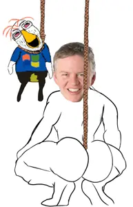 bernd, hanging troonjak, troonjak, broly culo, ack, ass, bloodshot eyes, clothes, duck, full body