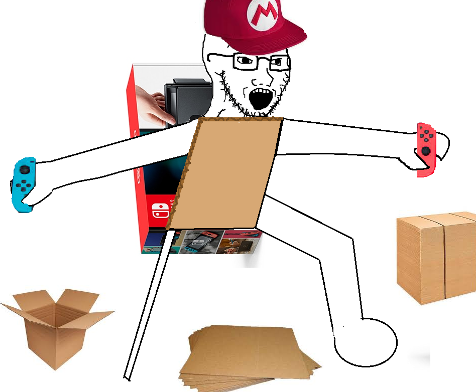 mario, soyak, arm, box, cap, cardboard, clothes, full body, glasses, hands