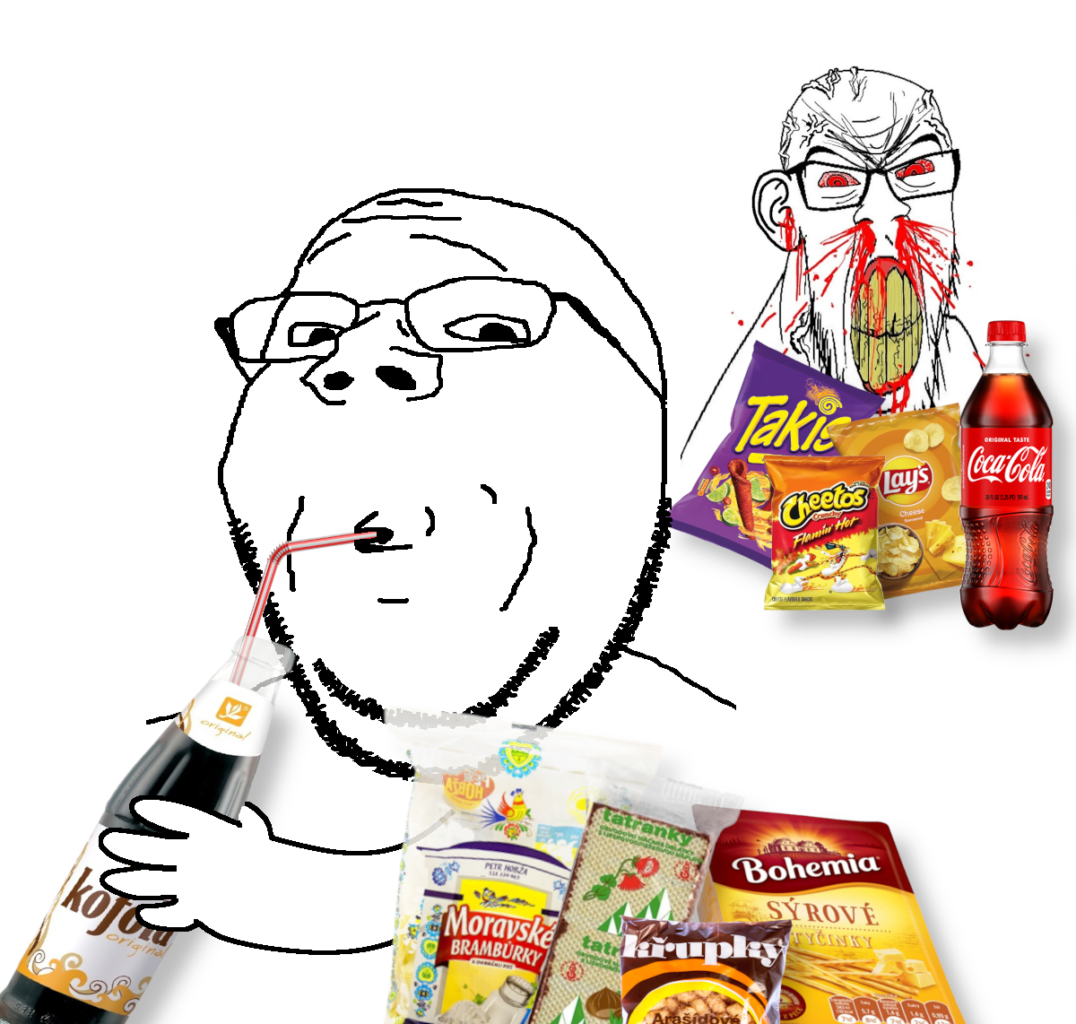 feraljak, gapejak, feralrage, wholesome soyjak, 2soyjaks, angry, arm, beard, blood, bloodshot eyes