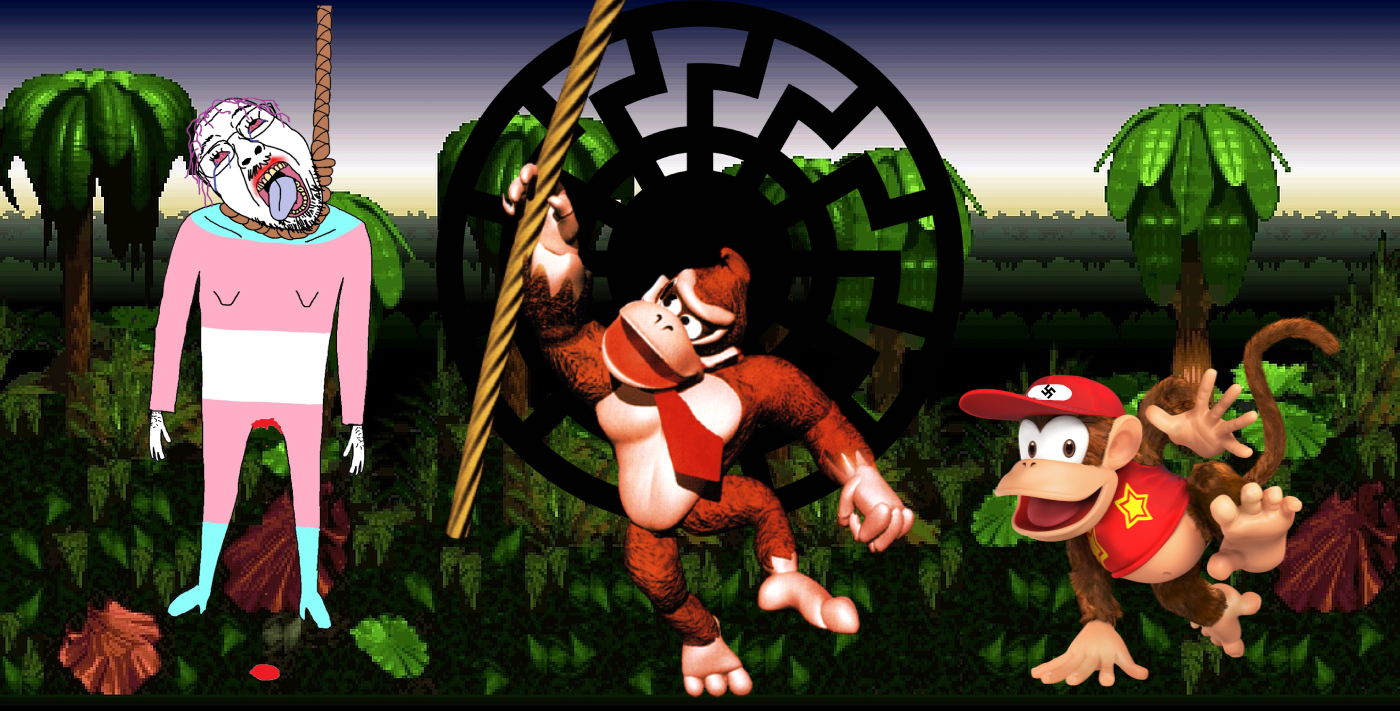 donkey kong, bernd, hanging ugly personjak, ugly personjak, ack, blood, bloodshot eyes, clothes, crying, diddy kong